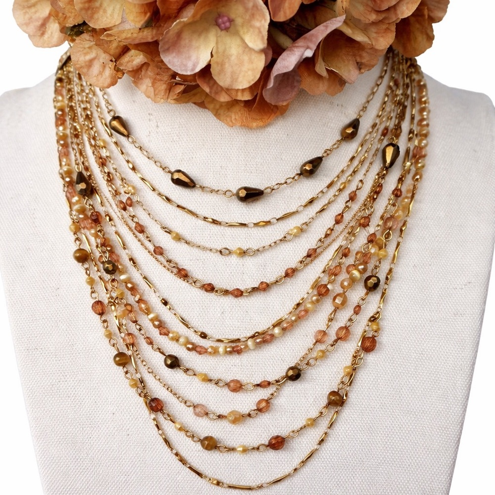 Multi Strand Gold Tone Amber Blush Beads Adjustable 14-24” Statement Necklace